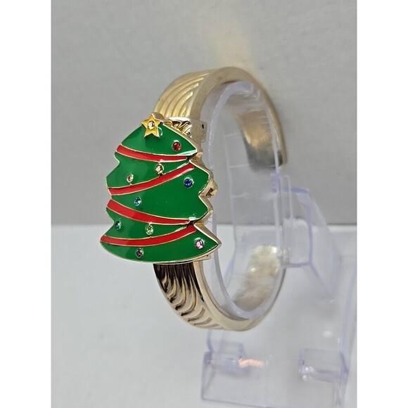 Arm Candy Christmas Tree Ladies Cuff Watch Quartz Gold Tone New Battery Xmas Fun - Picture 2 of 13